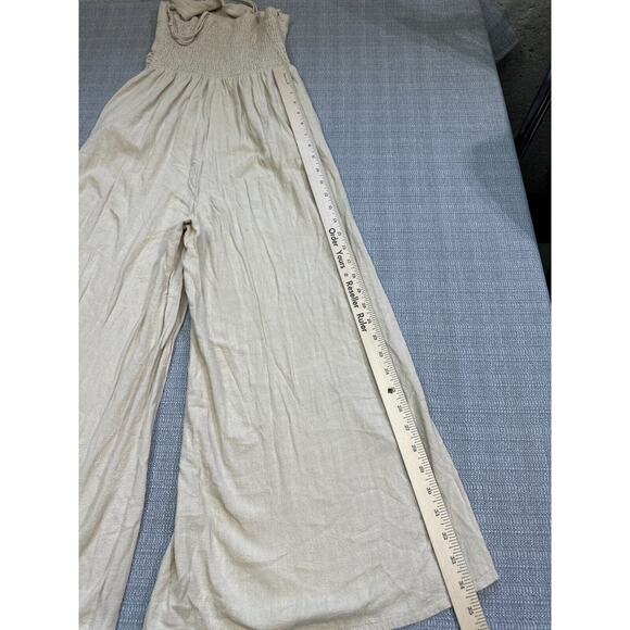 Anrabess Jumpsuit Small Tan Single Shoulder Wide Leg Coastal Linen One Shoulder - Picture 6 of 9